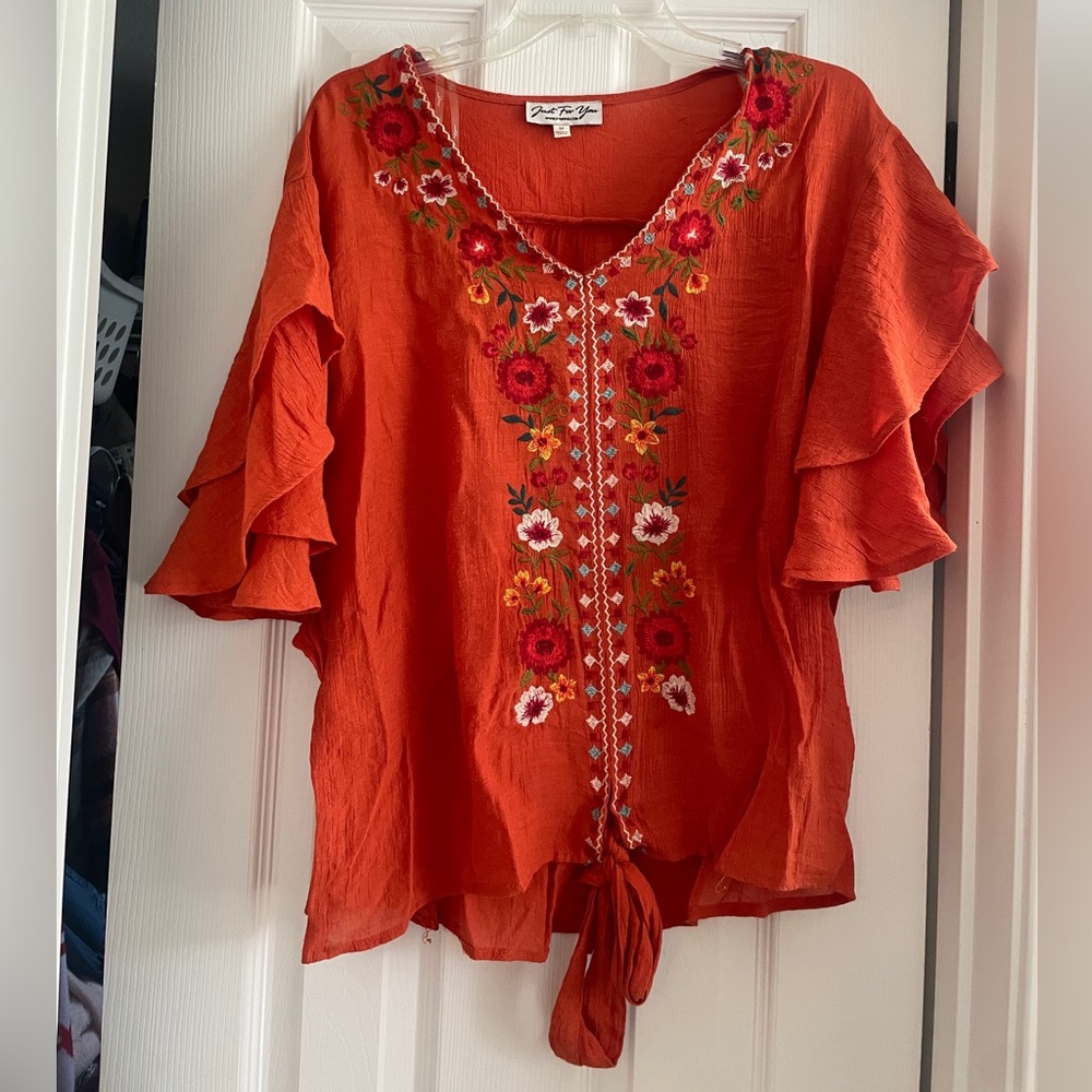 Boho Orange Embroidered Flutter Sleeve Blouse